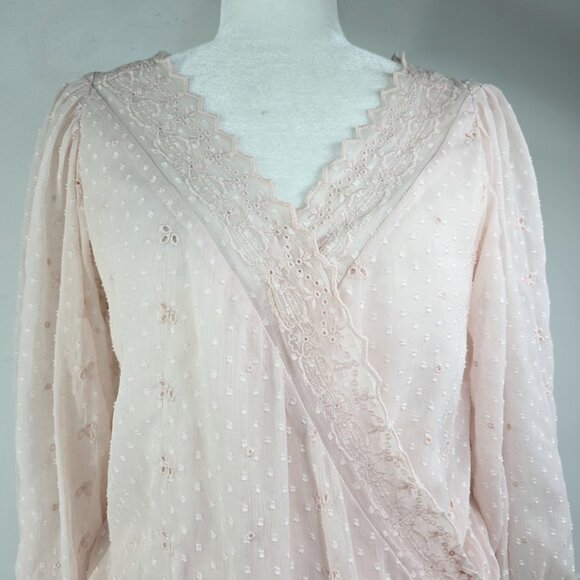 Express Surplice Blush Pink Eyelet Lace Wrap Long Sleeve Bodysuit Top - Picture 7 of 13